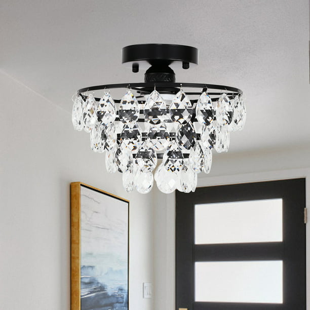 1-Light Black Crystal Ceiling Light Fixture Mini Modern Semi Flush Mount Chandelier Light Fixture for Hallway Bedroom Bathroom Closet