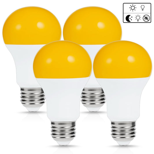 A19 LED Bug Light Bulbs, 6 Watts(60W Equivalent), 800LM, Bug Free Bug Repellent 2800K , Yellow Bulb, Amber Light with Automatic Sensor Bulb, 4 Pack