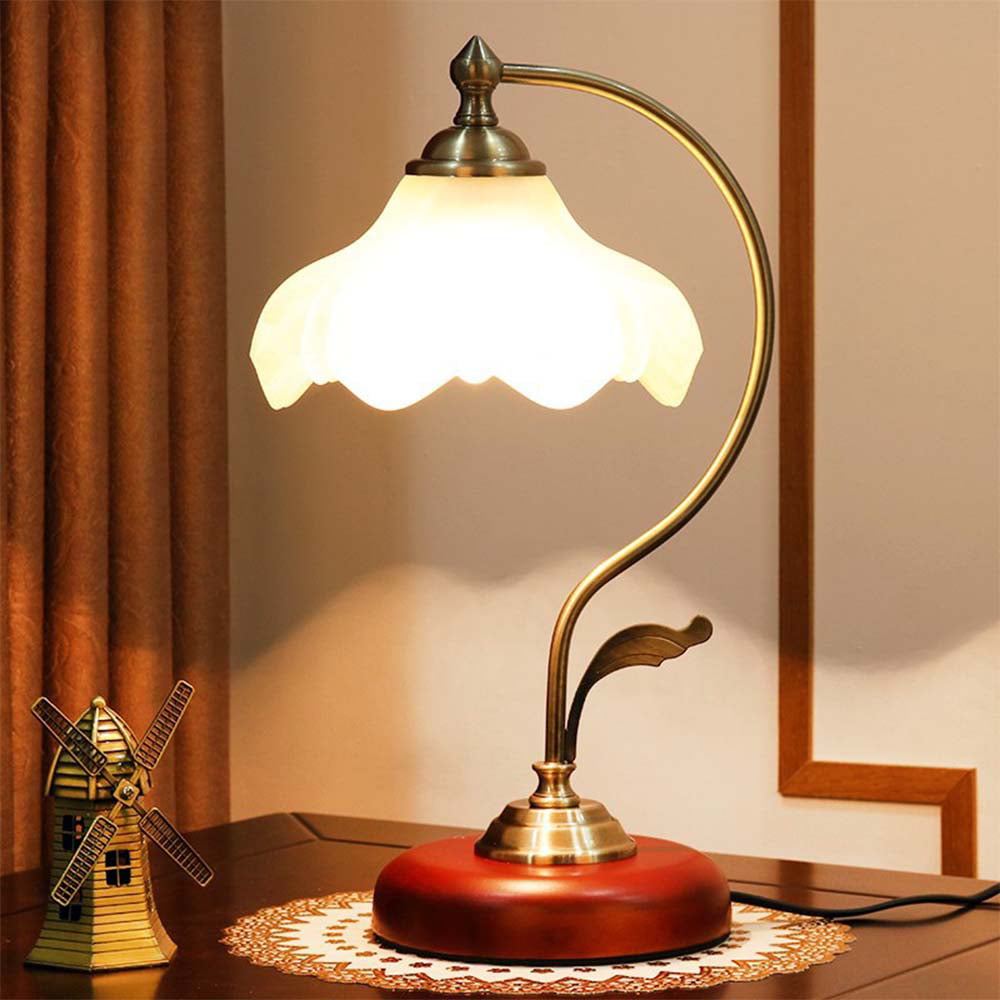 YANSUN Retro Glass Table Lamp with Petal Lampshade Vintage Brass Base, Desk Light for Living Room Bedroom House Bedside (Textured White)