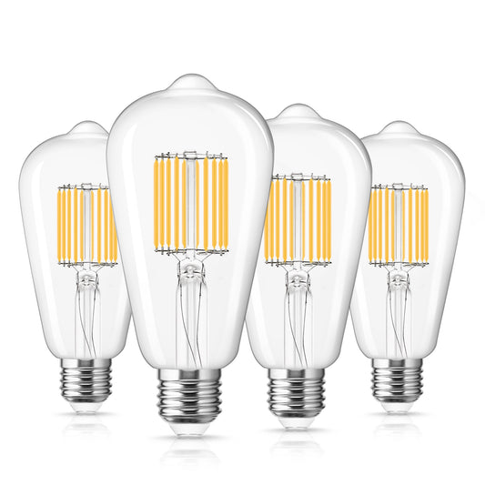 ST64 LED Bulb, Filament Lamp, 10W 100W Equivalent, E26 2700K, 800 Lumens, Indoor Outdoor Lighting Lamp for Porch, Garage, 4 Pack