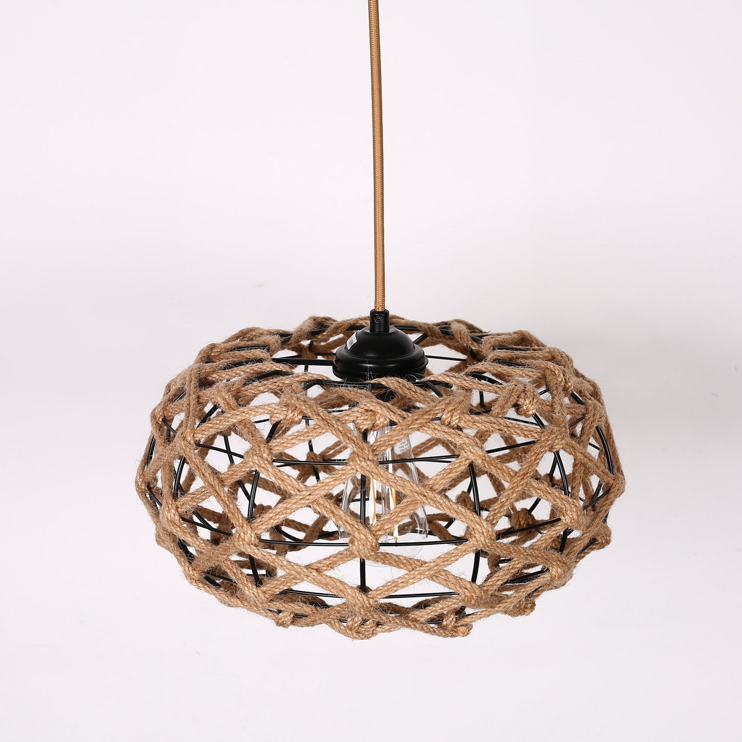1-Light Retro Basket Plug-in Hand Woven Hemp Cage Adjustable Height Pendant Light with Dimming Switch For Home Livingroom