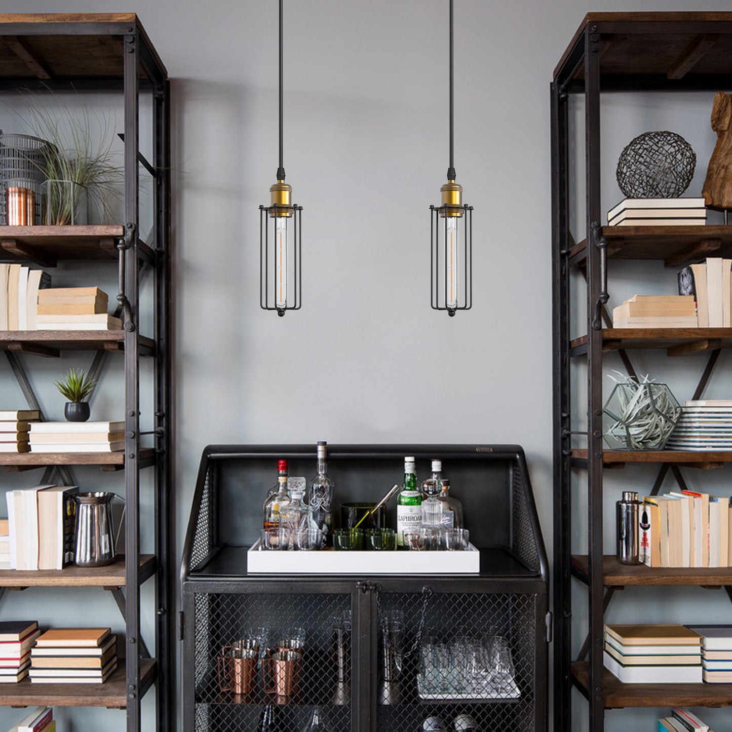 1-Light Black and Gold Caged Pendant Light For Foyer /Kitchen Island/Bar/Entryway-2PCS