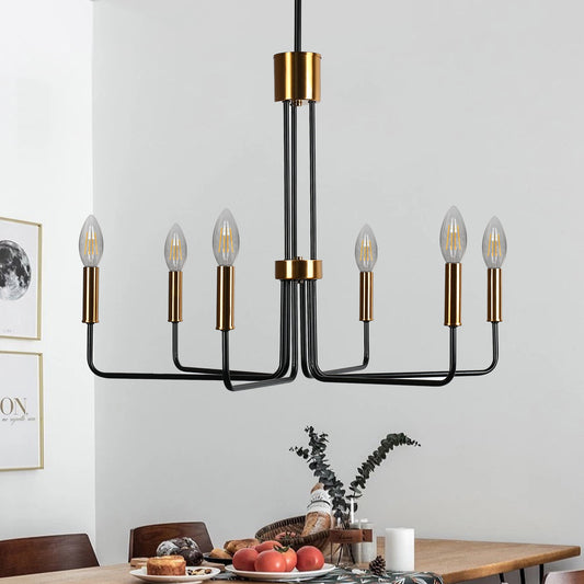 Black and Brass Chandeliers for Dining Room, 6-Light Vintage Farmhouse Chandeliers, 28 Inch Dining Room Light Fixture, Adjustable Height