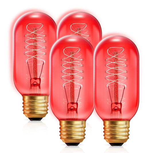 LED T45 Red Light Bulb, 4W Filament Colored Light Bulbs, 40W Equivalent, E26 Base Edison Bulb, 400lm, for Bedroom, Mood Light, Party Holiday Decoration, 4 Pack,Dimmable