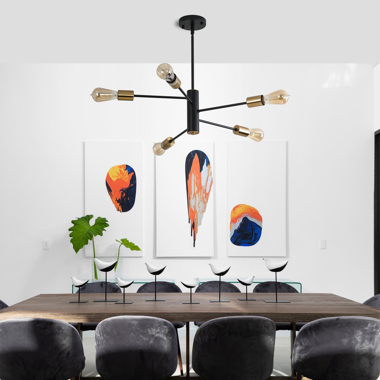 5-Light Balck and Gold Modern Sputnik Chandelier Mid Century Ceiling Light for Bedroom,Dining Room,Kitchen,Office