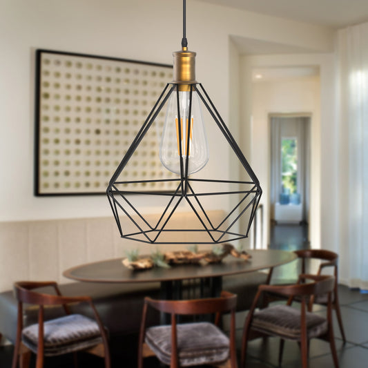 8.66" H 1-Light Black Wrought Iron Mesh Diamond Pendant，Fashion design perfect for Corridors,Restaurants, Bedrooms