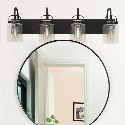 4-Light Bathroom Vanity Light Fixtures, Vintage Industrial Sconces Black Wall Lighting with Durable Glass Shade, Wall Lights for Living Room, Bedroom, Farmhouse