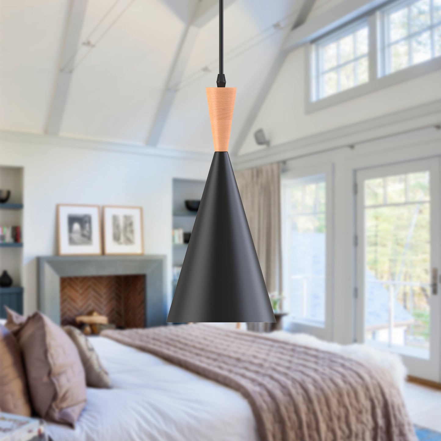1-Light Matte Black Pendant Light with Metal Shade and Wood