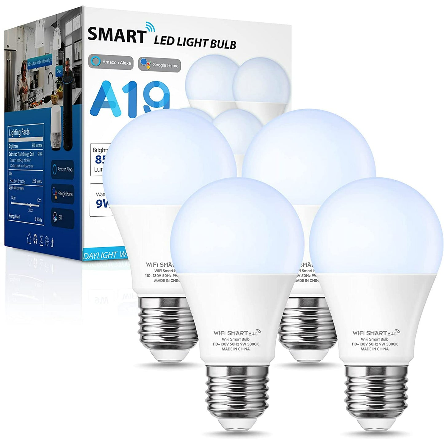 A19 Smart Light Bulb Work with Alexa, Google Home & Siri,WiFi LED Bulb Daylight 5000K, 9W 60W, Dimmable, 850LM,4 Pack