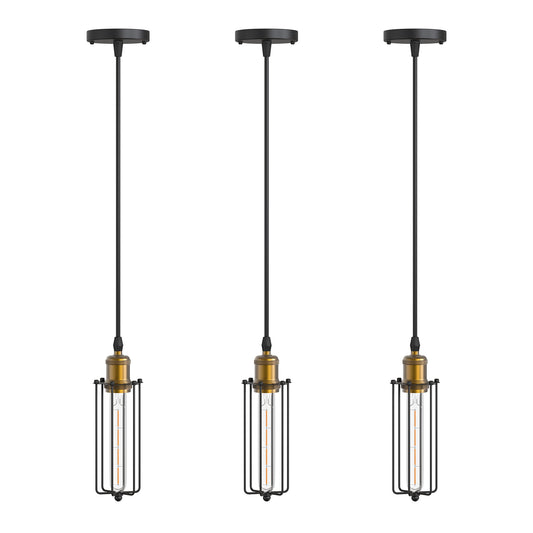 1-Light Black and Gold Caged Pendant Light For Foyer /Kitchen Island/Bar/Entryway-3PCS