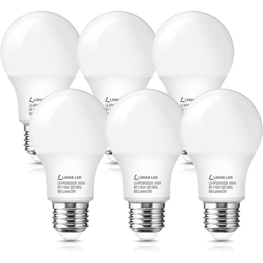 A19 LED Bulb, Dimmable, 9W=60W, Daylight 5000K LED Light Bulb, 850 Lumen, E26 Base, 120V Energy-efficient for Living Room, Kitchen, Bedroom,Office, 6 Pack