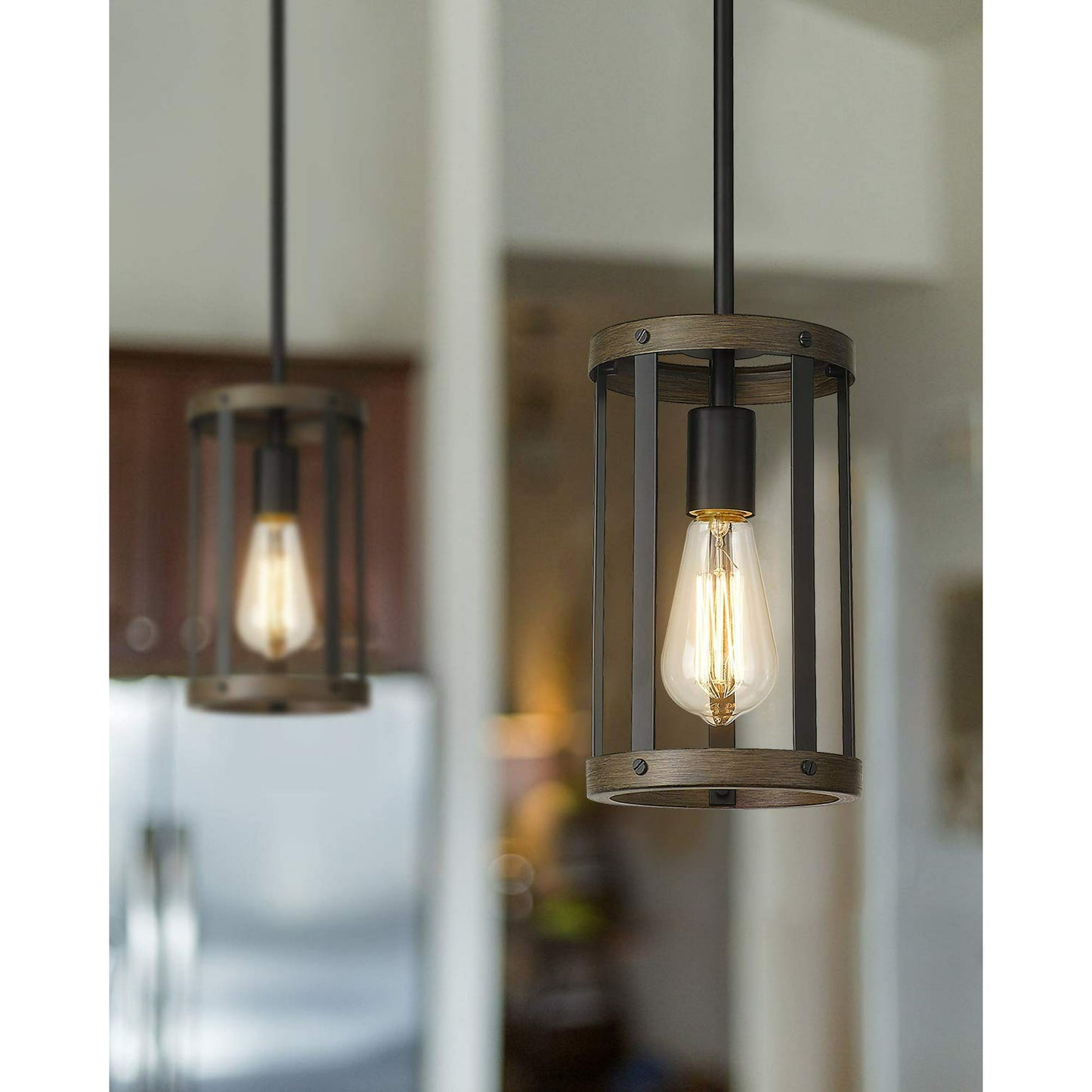 Farmhouse Pendant Light Fixtures - 1-Light Metal Wire Cage Industrial Hanging Light in Matte Black and Wood Finish, Pendant Light Adjustable Rods for Kitchen, Island, Dining Room,2 Pack