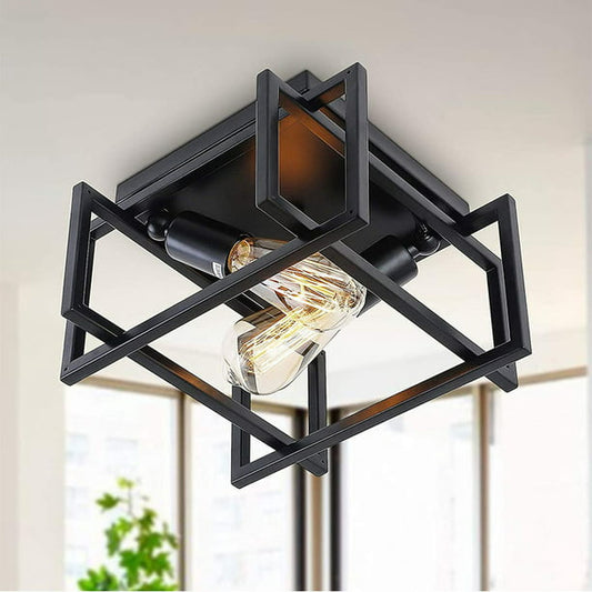 2-light Flush Mount Ceiling Light Fixture with Black Shade,Cage Ceiling Light,Staggered-Lines Design For Bedroom Livingroom