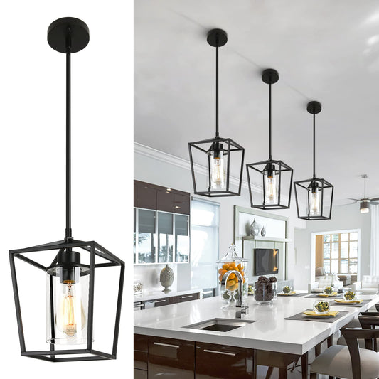 1 Light Pendant Lighting, Industrial Ceiling Light Black Lantern Chandelier with Farmhouse Metal Cage Adjustable Height Rustic Hanging Light for Kitchen Island, Bedroom or Entryway