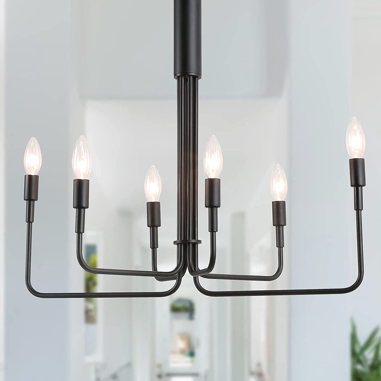 Farmhouse Matte Black Chandelier,6 Lights Candle Dining Room Light Fixture, Hanging for Kitchen Island, Living Room, Bedroom