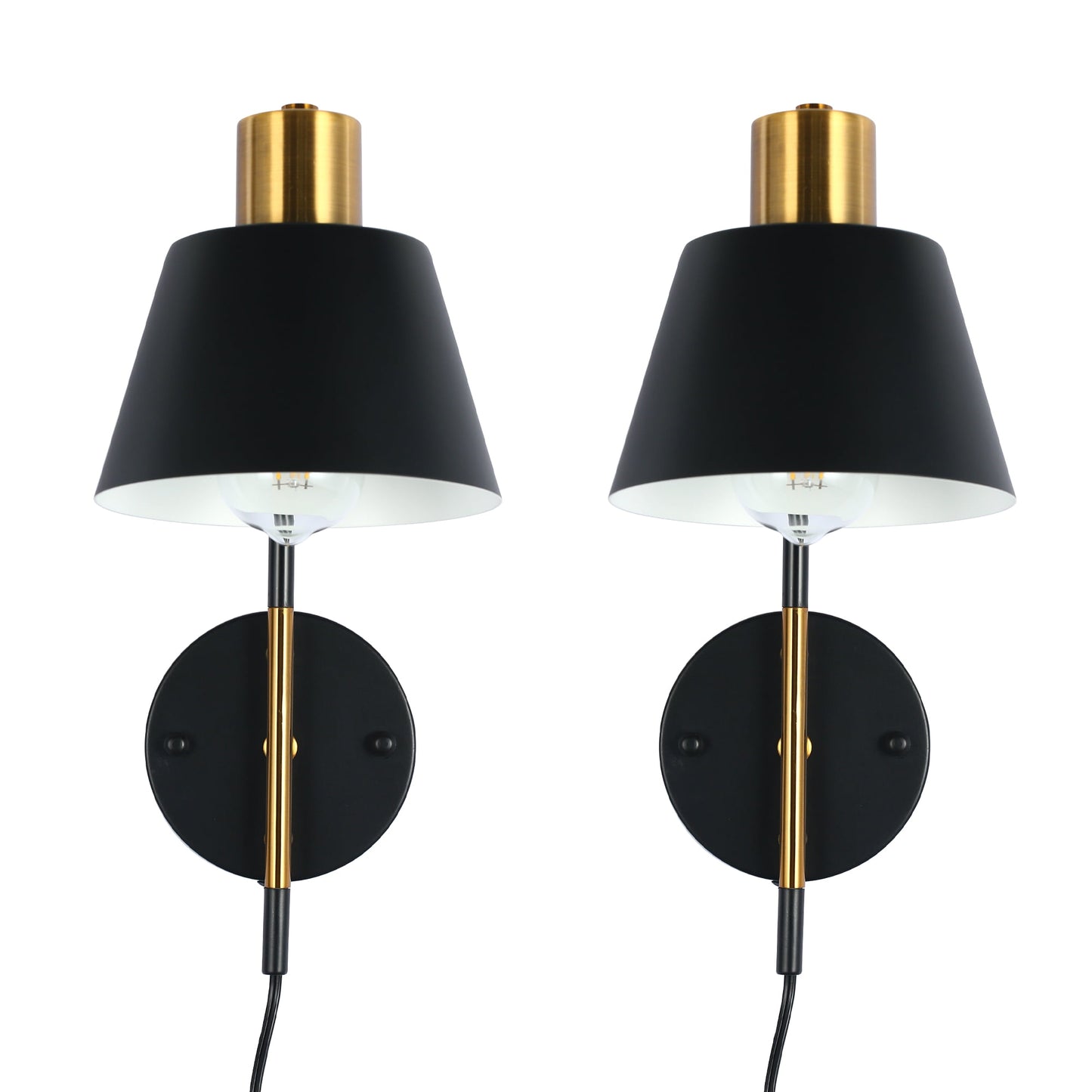 Black and Gold Plug in Swing Arm Wall Sconce Simple Modern Wall Lamp, for Bedside, Living Room, Bathroom,2 Pack