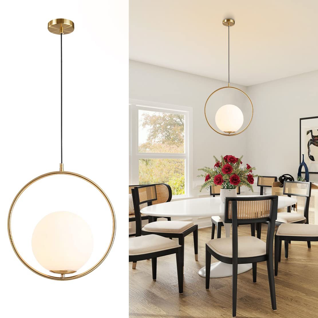 Gold Circle Modern Globe Pendant Light with Frosted Glass Lampshade-1-Light for Kitchen Island Living Room Beside