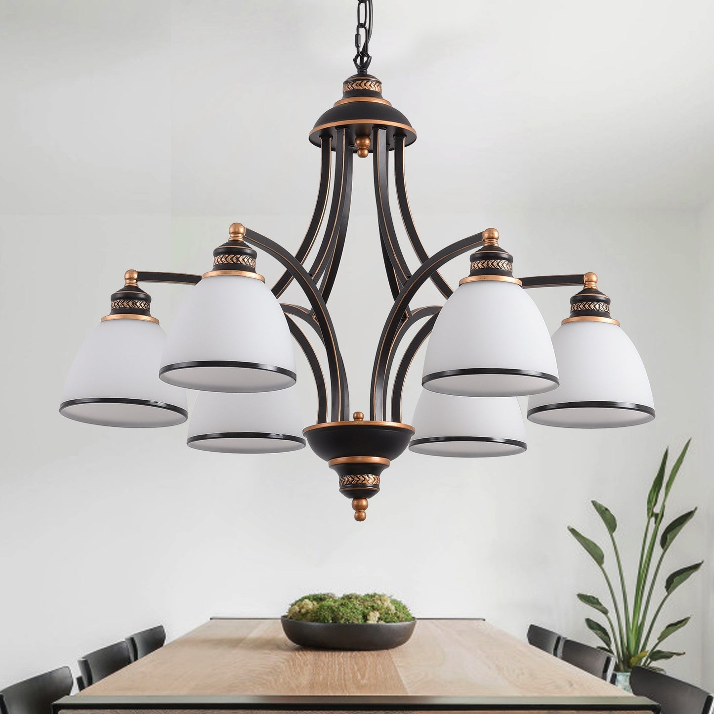 Contemporary 6-Light Chandelier for Dining Room, Kitchen Black Chandeliers with Frosted Glass Shades