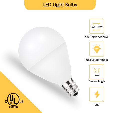 G14 LED Globe Light Bulbs 60W, 6W, 5000K Warm White, E12 Candelabra Base, 500LM, UL Listed, CRI 80+, Pack of 4