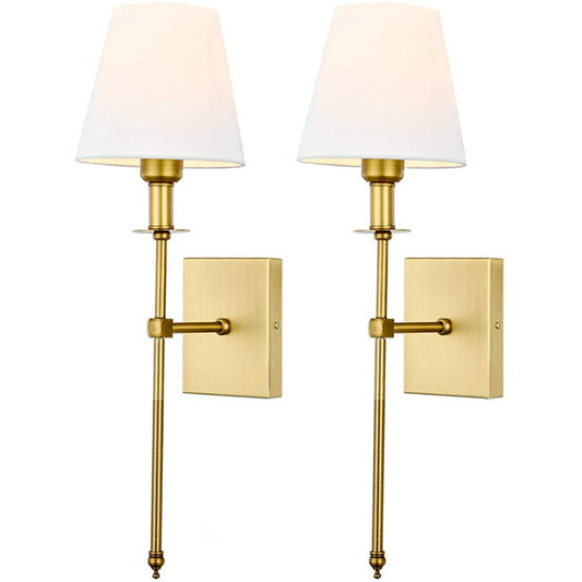 Set of 2 White Fabric Shades Wall Sconce Hardwired Indoor Wall Light Column Stand Bedroom Wall Lamps Bathroom Vanity Light Fixture, Gold