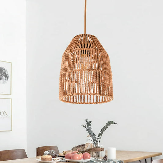 1-Light Retro Birdcage Plug-in Hand Woven Hemp Cage Adjustable Height Pendant Light with On/Off Switch Kitchen Dining Room Living Room Foyer