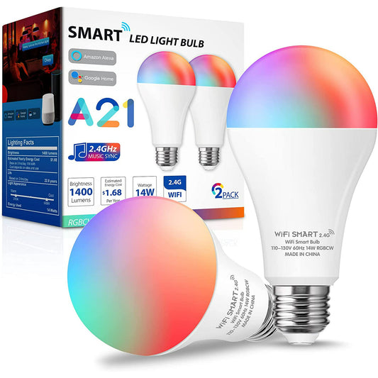 A21 Smart LED Bulbs,WIFI Dimmable,Music Sync, RGBCW Color Changing,14W 100W Equivalent, 1400lumen for Party Home Decor Bedroom Living Room,2-Pack