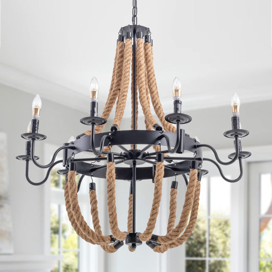 8 Light Farmhouse Chandelier Light,Metal and Rope Pendant Light Industrial Vintage Hanging Lamp,Ceiling Lighting Decorative Fixture -Black