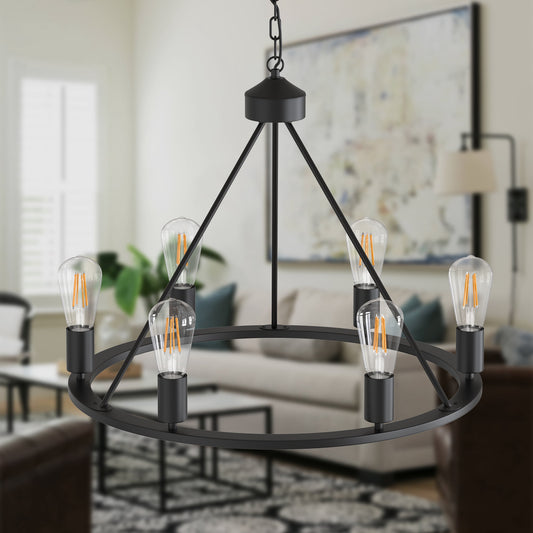 YANSUN 28'' Rustic Black Metal Pendant Chandelier 6-Light Wagon Wheel Farmhouse Chandelier Industrial Round Chandelier,for Kitchen Island Dining Room Bedroom Living Room