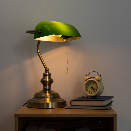 Retro Glass Desk Lamp, Traditional Table Lamp with Green Retro Glass Shade&Brass Base&Pull Chain Switch, Library Lights for Office, Study Room