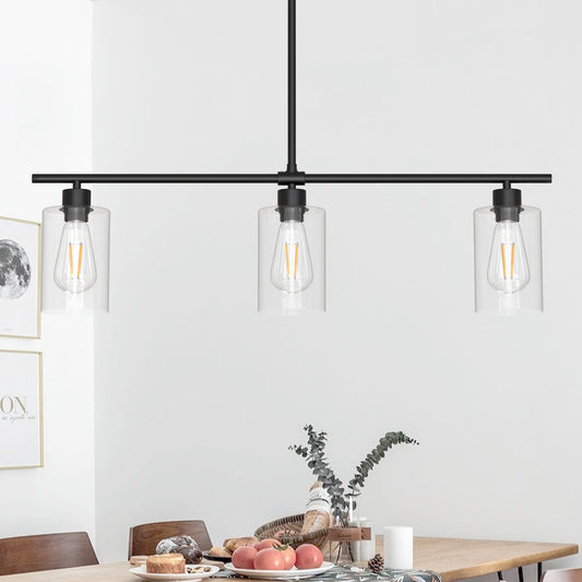 Kitchen Island Lighting, 3 Lights Linear Chandeliers Rectangle Pendant Light Fixtures for Dining Room Farmhouse Hanging Light with Glass Shades(Black)