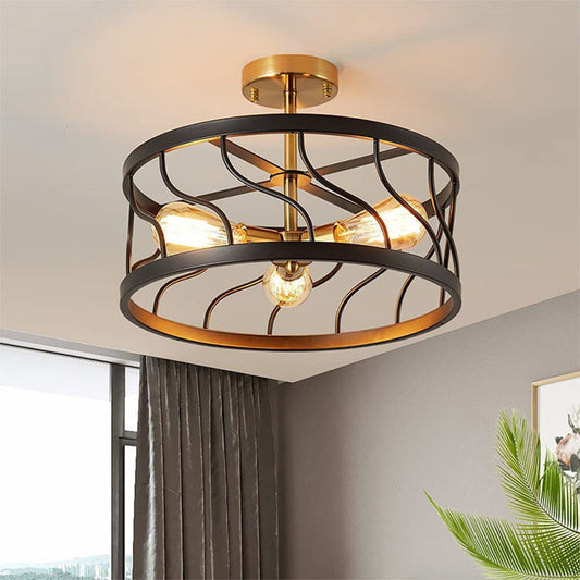 3-Light Semi Flush Mount Ceiling Light,Rustic Vintage Wood Ceiling Light Fixture With Gold Interior for Entryway, Hallway, Foyer, Dining Room, Living Room