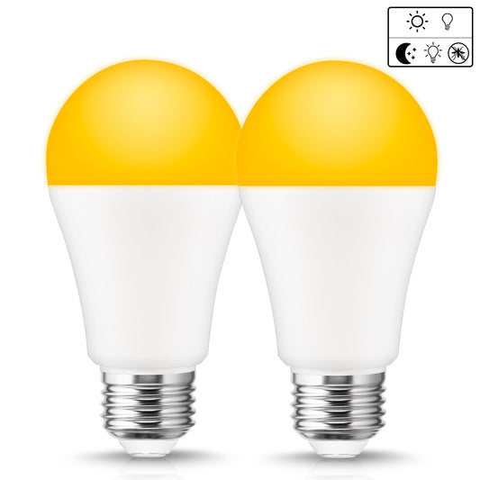 2 Pack LED Dusk to Dawn A19 Bug Light Bulbs, Yellow Bulb, Amber Light with Automatic Sensor Bulb, LED Porch Lights Security Outdoor Bulb, Auto on/Off, 2000K E26, 500 Lumens