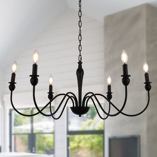 YANSUN 6-Lights Candle Chandelier Rustic French Country Chandelier for Dining, Living Room, Kitchen, Bedroom, Matte Black