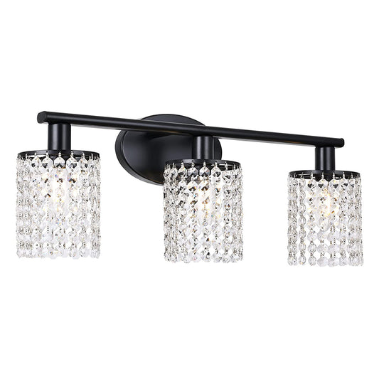 3 Light Wall Sconce with Crystal Drops,Modern Bathroom Vanity Light Over Mirror Polished Black Wall Light Fixtures For Bedroom Bathroom