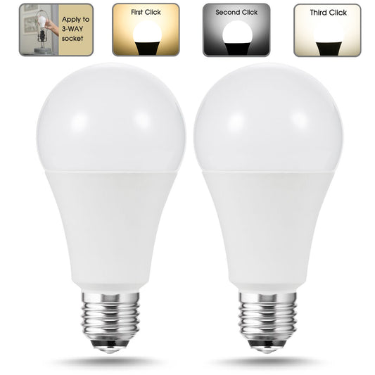 3-Way LED Light Bulbs 50W-100W-150W Equivalent, A21 Light Bulb 2700K-6000K-4000K, 800/1000/1800LM, A21 E26 Base for Hallway, Living Room, Home Lighting, Pack of 2
