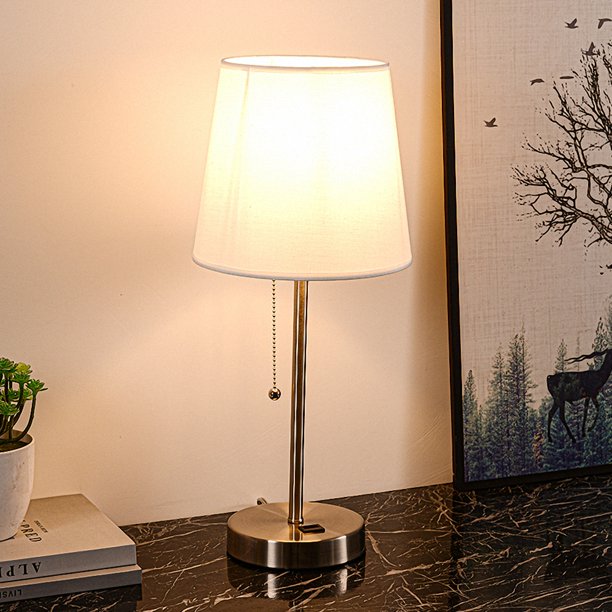 Table Lamp with Pull Chain, USB port, Modern Bedside Desk Lamp Fabric Lamp Shade Nightstand Lamp for Bedroom, Office, College Dorm