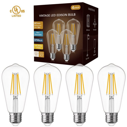 ST58 Vintage LED Edison Light Bulbs 60W Equivalent Warm White 2700K, 6W LED Filament Bulbs 600lm E26 Base Lamp for for Pendant Chandeliers Decorative Fixtures, 4/8 Pack