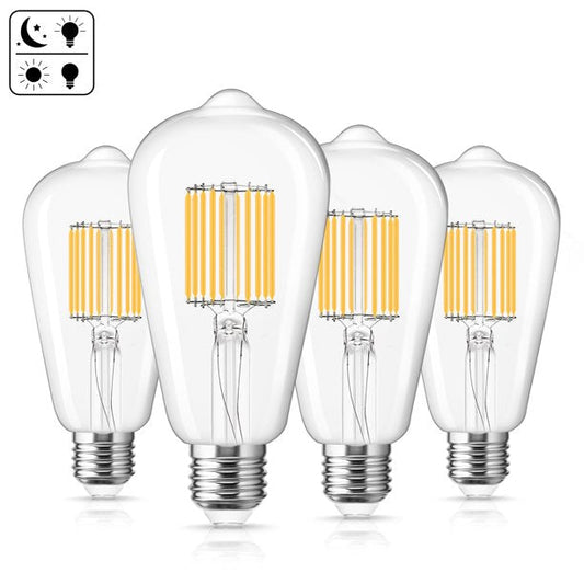 ST64 Dusk to Dawn Light Sensor LED Bulb, Filament Lamp, 7W 60W Equivalent, E26 2700K, 800 Lumens, Auto On/Off, Indoor Outdoor Lighting Lamp for Porch, Garage, 4 Pack