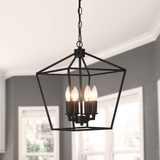 Black Cage Foyer Pendant Chandelier 12" Wide Open Frame 4-Light Fixture Dining Room House Kitchen Entryway