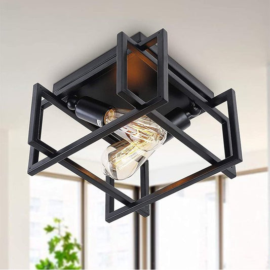 YANSUN 2-light Flush Mount Ceiling Light Fixture with Black Shade,Cage Ceiling Light,Staggered-Lines Design,11.5*11.5*5.91 inches