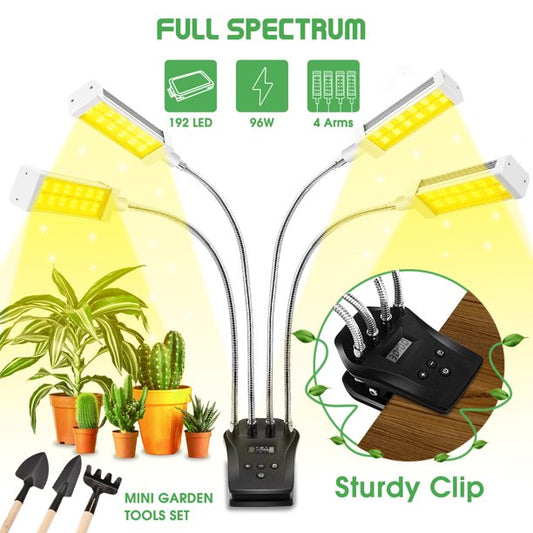 4 Head Grow Lights Full Spectrum Plant Grow Light with Timer, Plant Growing Lamps for Seedlings Adjustable Gooseneck & Desk Clip On, 4 Switch Modes 10 Brightness Settings