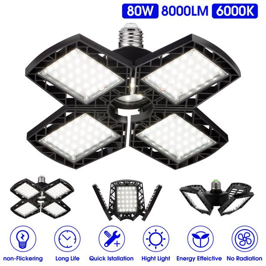 80W LED Garage Lights, 8000 LM- 6000K Garage Lights Ceiling LED , with 4 Leaf Adjustable Multi-Position Panels Garage Lights E26/E27 Base CRI 80, Best for Barn, Workshop, Basement