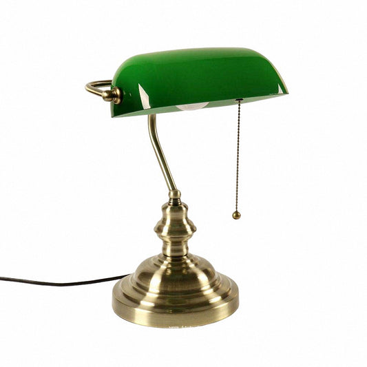 Traditional Table Light with Green Retro Glass Shade and Brass Base,with Pull Chain Switch, Library Lights for Office, Study Room