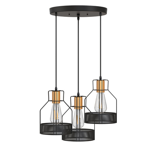 3-Light Industrial Pendant Light, Farmhouse Light Fixture with Adjustable Cord, E26 Base Semi-flush Mount Metal Caged Hanging Light Fixture for Kitchen Dining Room Living Room, Bulbs Not Include