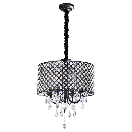 4-Light Antique Black Round Metal Shade Crystal Chandelier Pendant Hanging Ceiling Fixture for Bedroom Living Room Dining Room