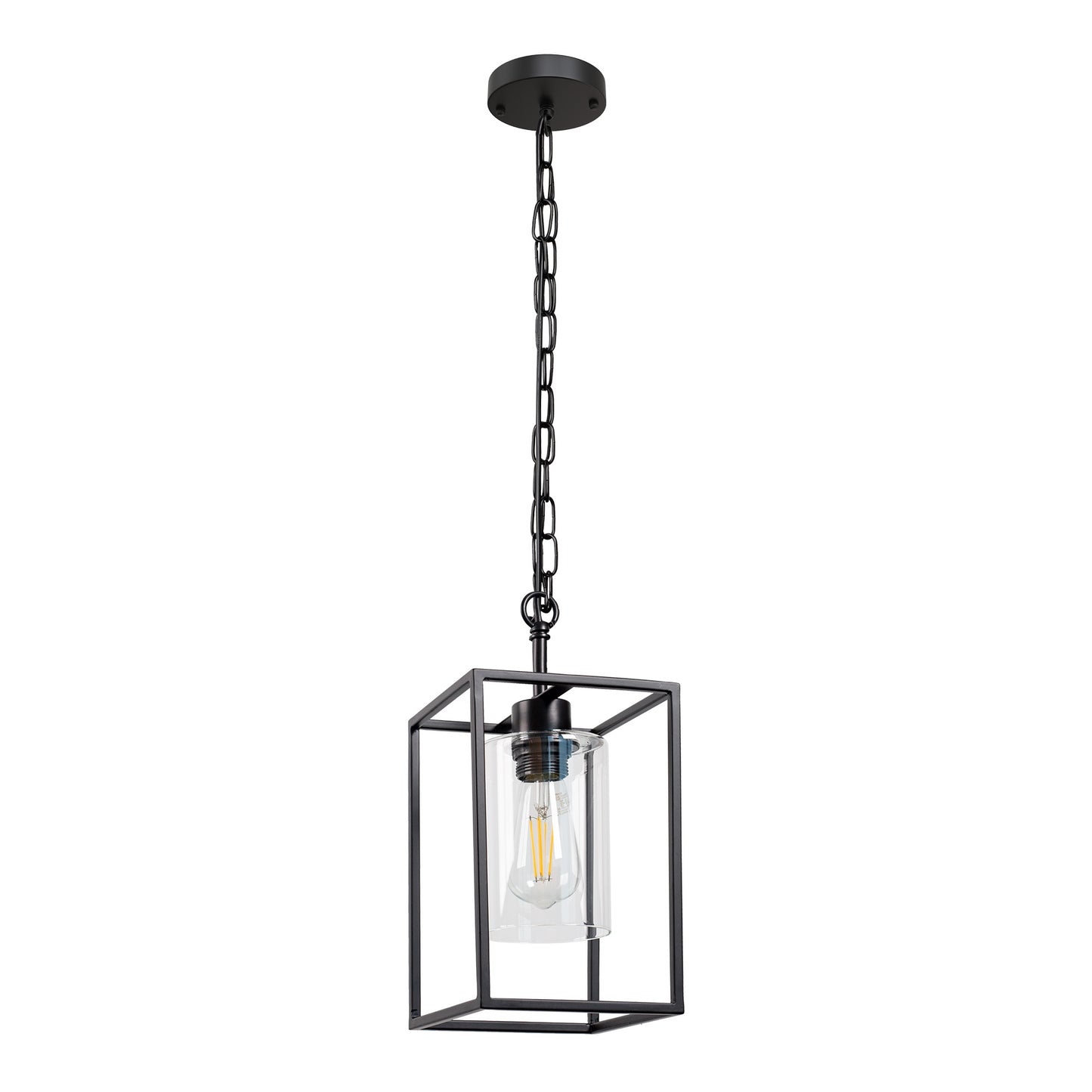 1-Light Industrial Metal Lantern Kitchen Pendant Light,Mini Black Finish with Clear Glass Shade,Adjustable Hanging Ceiling Light for Dining Room Kitchen Cafe Bar
