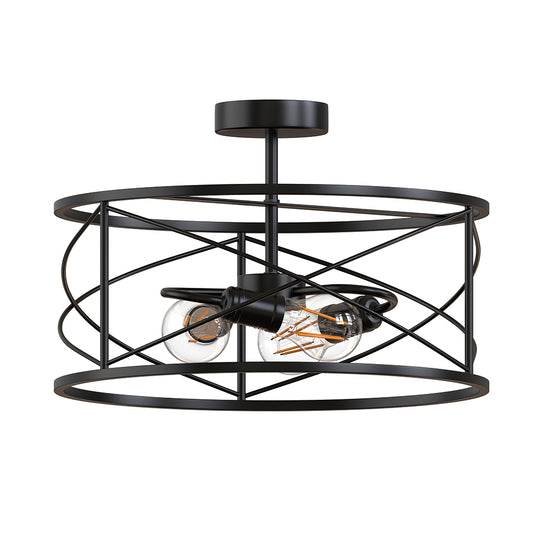 Industrial 3-Light Semi Flush Mount Ceiling Light, Modern Farmhouse Lighting Fixture with Metal Cage, Black Vintage Retro Pendant Lamp for Hallway Kitchen Bedroom Living Room Bathroom Entryway