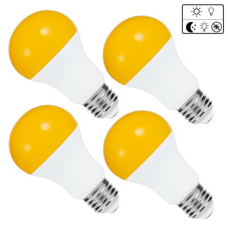 Bug LED Light Bulbs, A19 Dusk to Dawn Yellow Bulb, 40W Equivalent Amber Light with Automatic Sensor Bulb, LED Porch Lights Security Outdoor, Auto on/off, 2000K E26, 500LM, 4 Pack