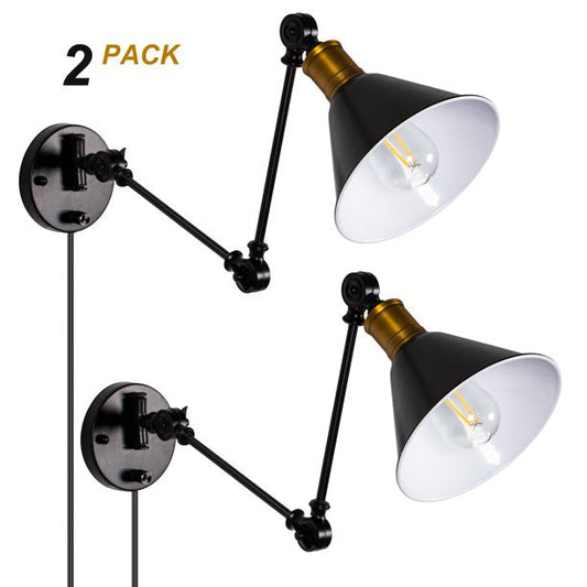 Swing Arm Wall Lamp, Adjustable Wall Light Fixture Brass & Black Wall Sconces for Bedroom Living Room Kitchen Dining Room, 2/4 Set