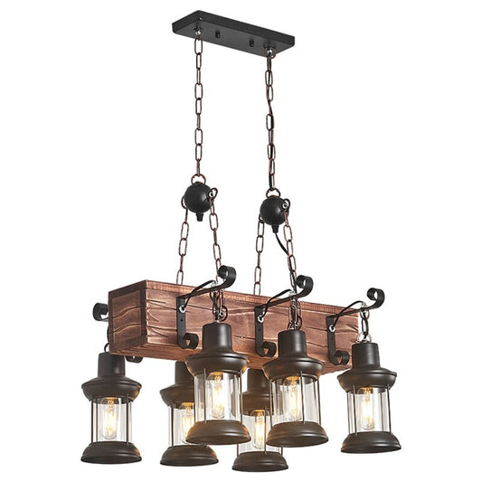 6-Light Farmhouse Large Linear Island Chandelier Light,Dark Distressed Wood Beam Pendant Lighting Hanging Ceiling Fixture for Kitchen Island, Bedroom, Dining Room